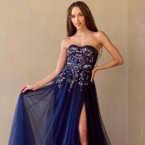 New Long Strapless Ceremonial Dress w/ Sequins Embroidery & Lace Up Back AC 4031